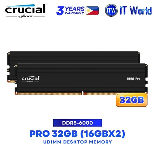 [CP2K16G60C48U5] Crucial Pro 32GB (16GBx2) DDR5-6000 Dual Kit UDIMM Desktop Memory Black - CP2K16G60C48U5