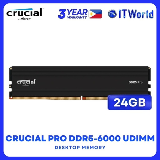 [CP24G60C48U5] Crucial Pro 24GB DDR5-6000Mhz Unbuffered UDIMM Single Kit Desktop Memory CP24G60C48U5 | itw