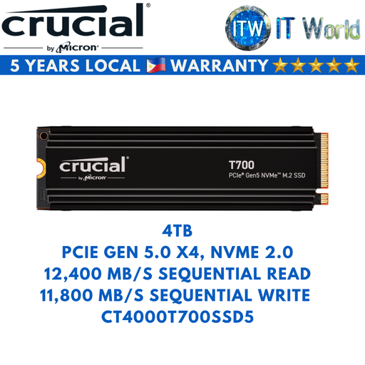[CT4000T700SSD5] Crucial T700 PCIe Gen 5.0x4 NVMe M.2 2280 Internal SSD with Heatsink 4TB (CT4000T700SSD5)