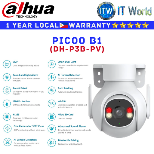 [DH-P3B-PV] Dahua CCTV Security Camera Picoo B1 3MP Outdoor FIxed-focal Wi-Fi Pan & Tilt (DH-P3B-PV)