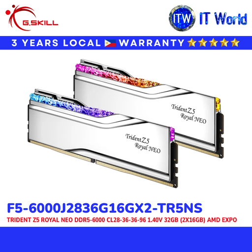 [F5-6000J2836G16GX2-TR5NS] G.Skill Trident Z5 Royal Neo DDR5 RAM 32GB 2x16GB AMD EXPO F5-6000J2836G16GX2-TR5NS Desktop Memory