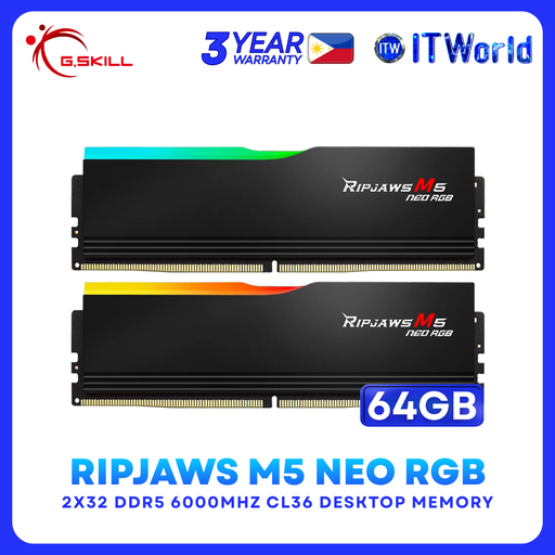 [F5-6000J3636F32GX2-RM5NRK] G.Skill DDR5 RAM 64GB (32GBx2) 6000Mhz Ripjaws M5 Neo RGB UDIMM (F5-6000J3636F32GX2-RM5NRK)